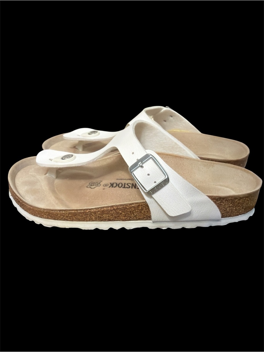 Birkenstock Gizeh Thong Sandals White w/Silver Buckle Size 7.5